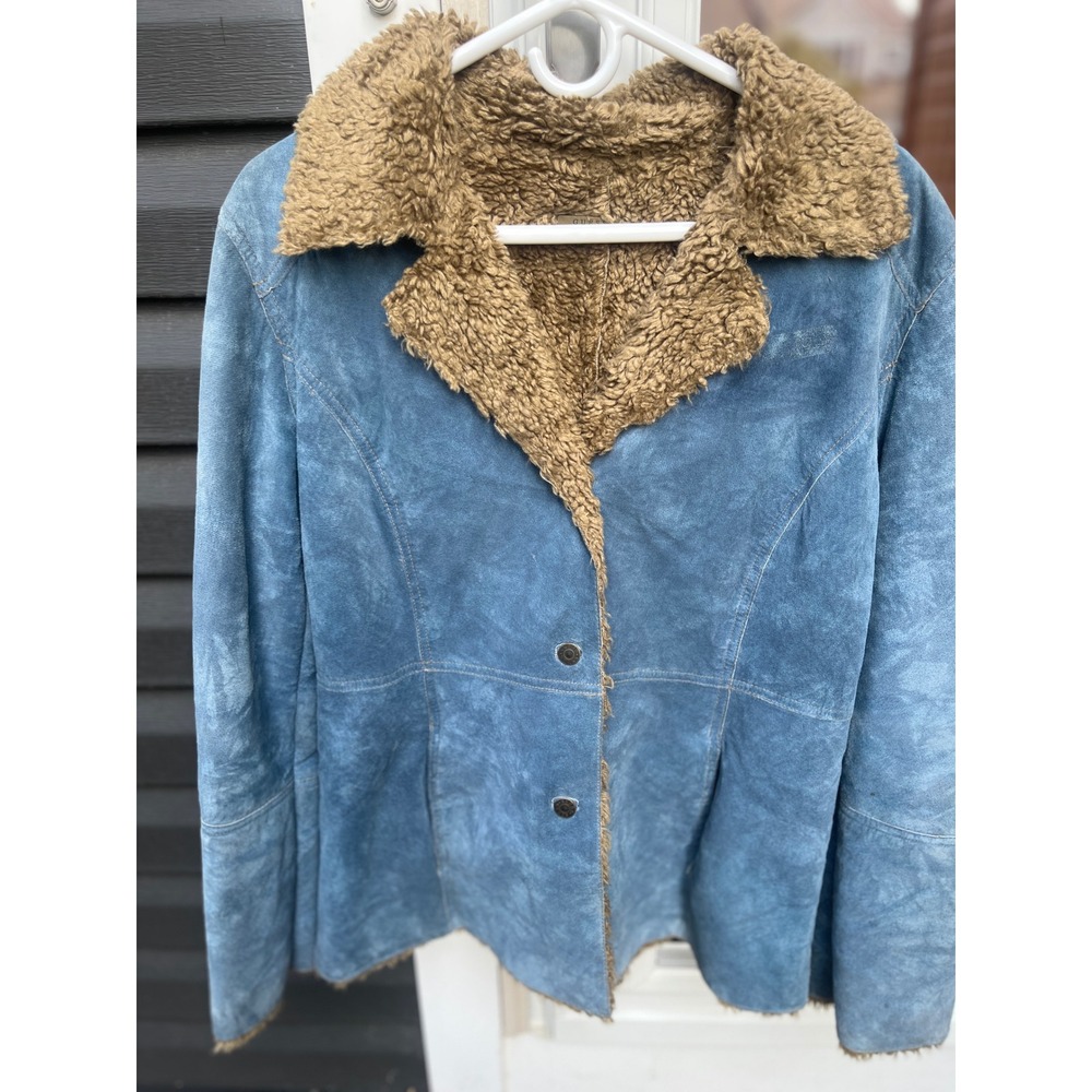 Guess Blue Genuine Leather Suede Faux Fur Lined Jacket Vintage Style Large